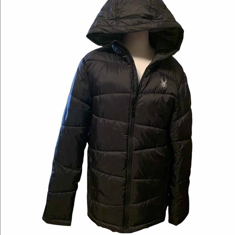 Spyder black polyester hooded quilted coat, small